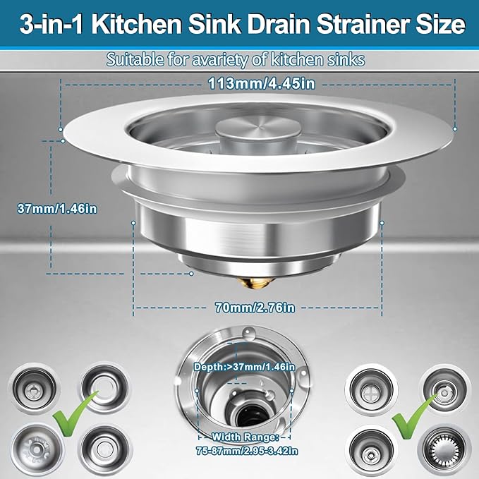 3-in-1 Kitchen Sink Drain Strainer & Stopper, Stainless Steel Food Catcher Plug