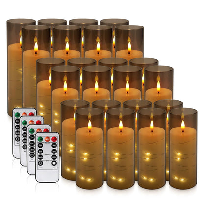 24 Pack Flameless LED Pillar Candles with Remote & Timer, Flickering Battery Operated Candles with Embedded Starry Lights, 3-Sizes Gray Acrylic Decorative Candles for Wedding, Home, Party Decor