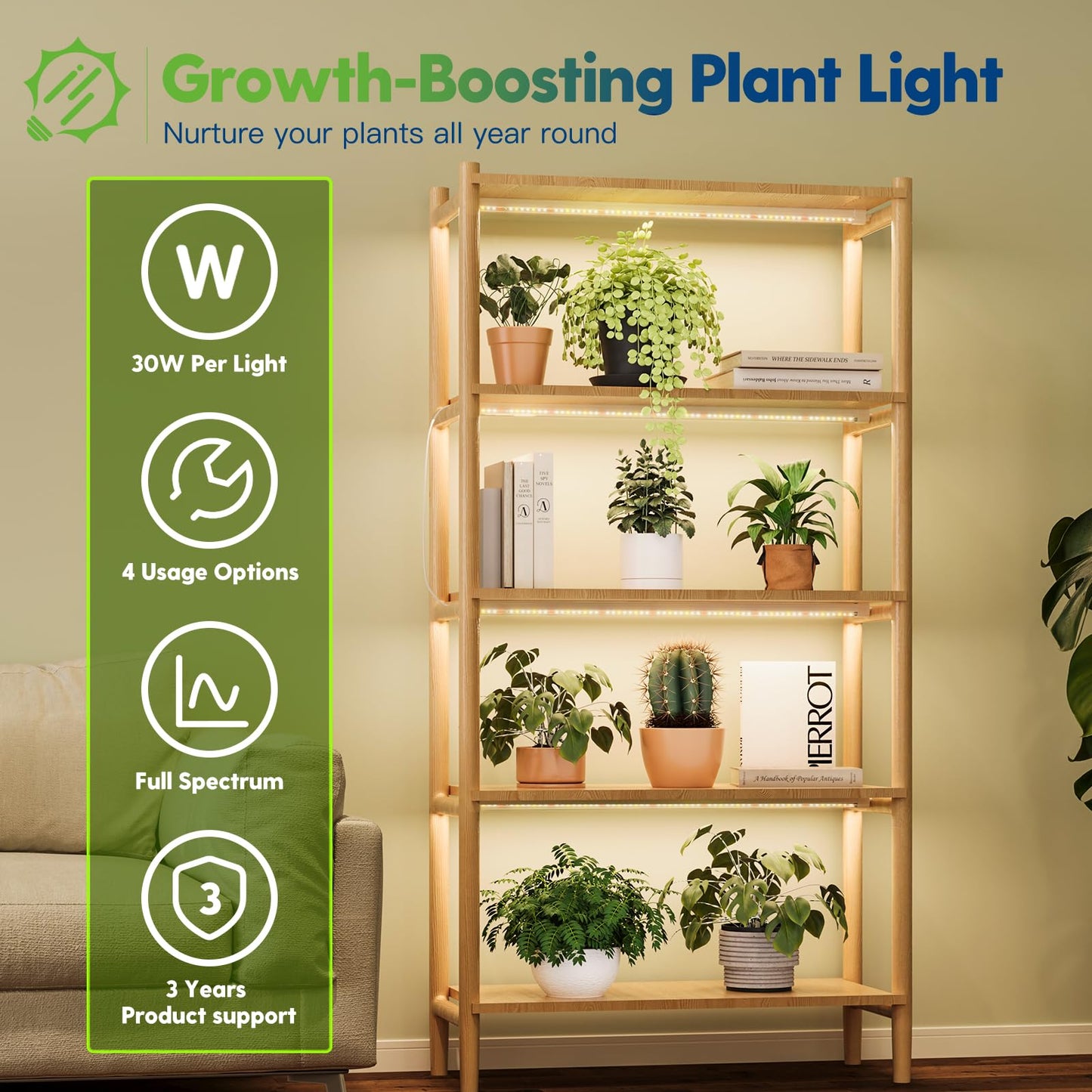 FREELICHT T8 Grow Lights for Indoor Plants, 2FT Full Spectrum, 30W, 4 Installation Methods, 5000K Linkable LED Grow Light Strips for Plant Shelf Greenhouse Succulent Seeding, 1 Pack