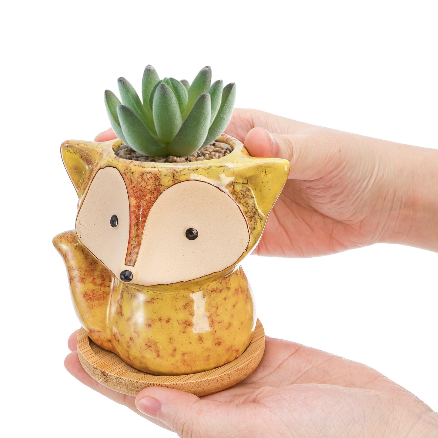 Dicunoy 6 Pack Mini Animal Succulent Planters with Bamboo Tray, 4" Ceramic Fox Flower Pots with Drainage Hole, Cute Cactus Planter for Indoor Plants, Home, Office, Window Decoration