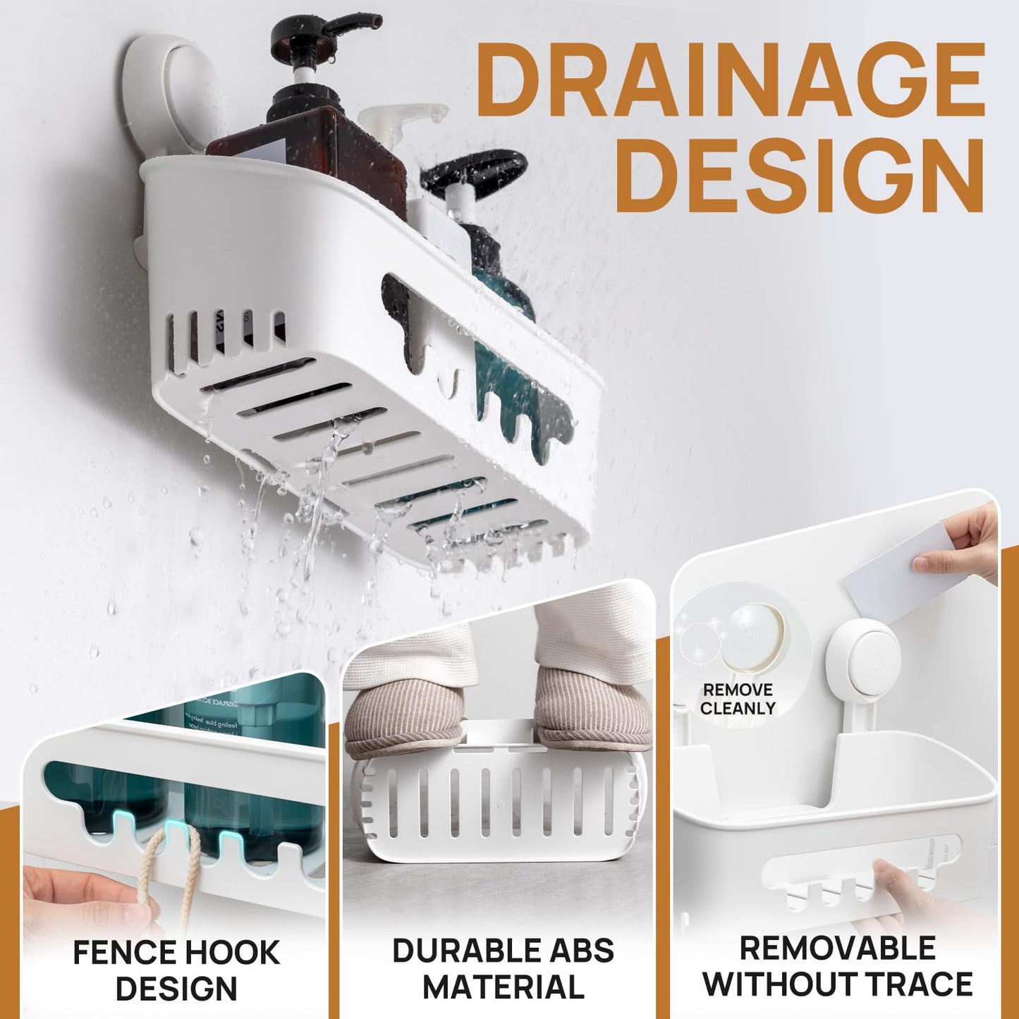 LEVERLOC Shower Caddy Suction Bathroom Storage Shelf Suction Shower Caddy Storage No Drilling Shampoo Holder Removable Powerful Bathroom for Shampoo Toiletries Kitchen Accessories，White