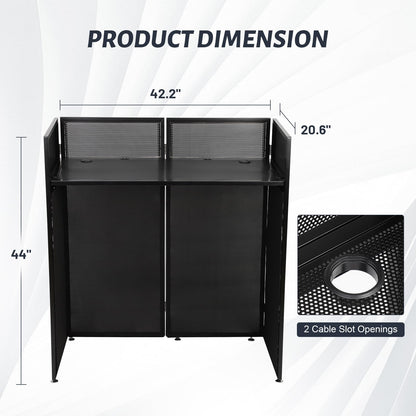 Portable DJ Booth Table Station 44"x42.2"x20.6", Foldable Metal Frame DJ Facade with Black & White Scrims, Detachable 40"x20" DJ Table, Adjustable Height, Carry Bag for Show, Party, Wedding, Events