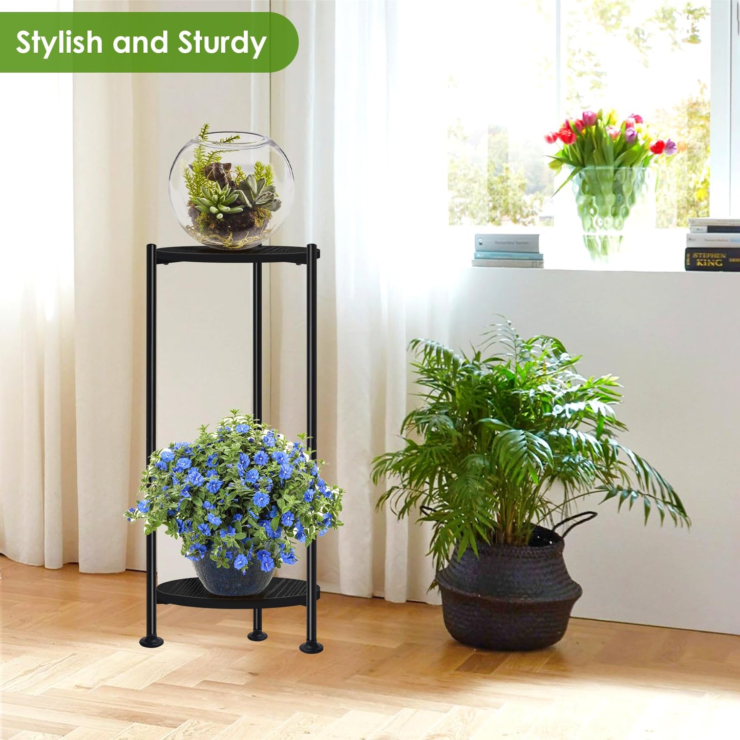 Lilybud--lily Plant Stand Indoor Outdoor, 30'' Tall Plant Stands for Indoor Plants, Heavy Duty Indoor Plant Shelf, 2 Tier Display Rack for Living Room, Balcony, Deck, Black