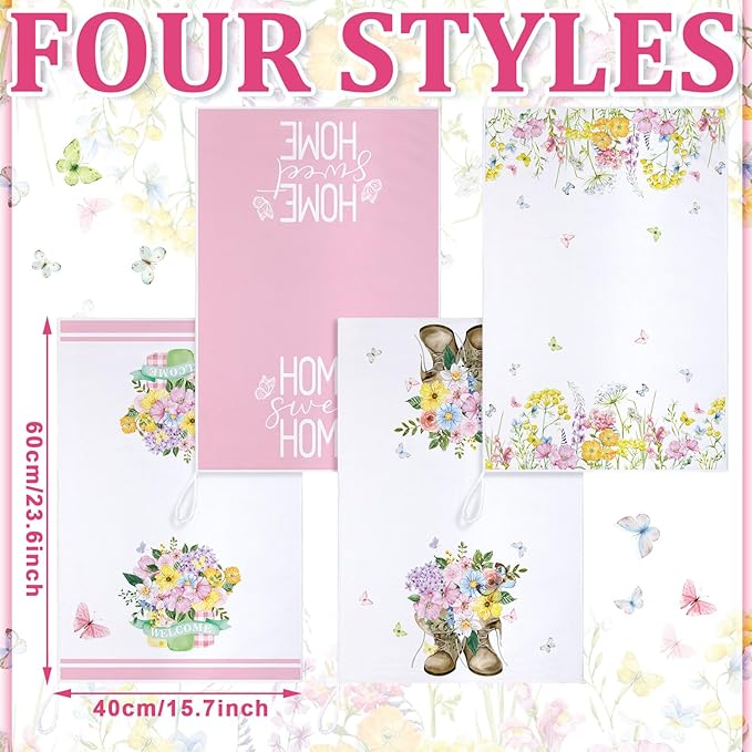 Bencailor 4 Pcs Pink Floral Kitchen Towels Pink and White Flower Hand Dish