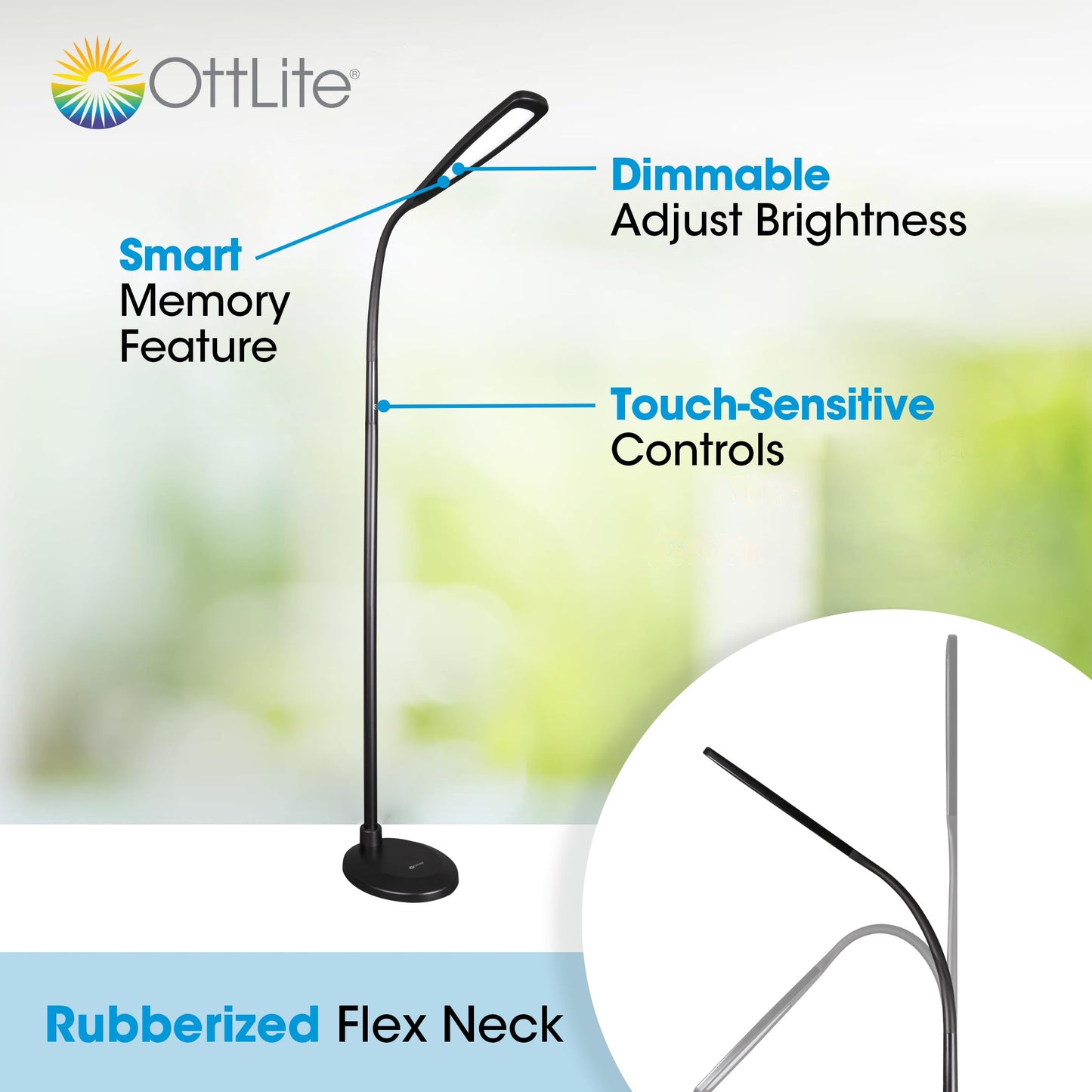 OttLite ClearSun Flex LED Floor Lamp, Touch Activated Controls, Adjustable Neck, Smart Memory Feature, Great for Book Light, Floor Lamps for Living Room, Reading Light, Standing Lamp