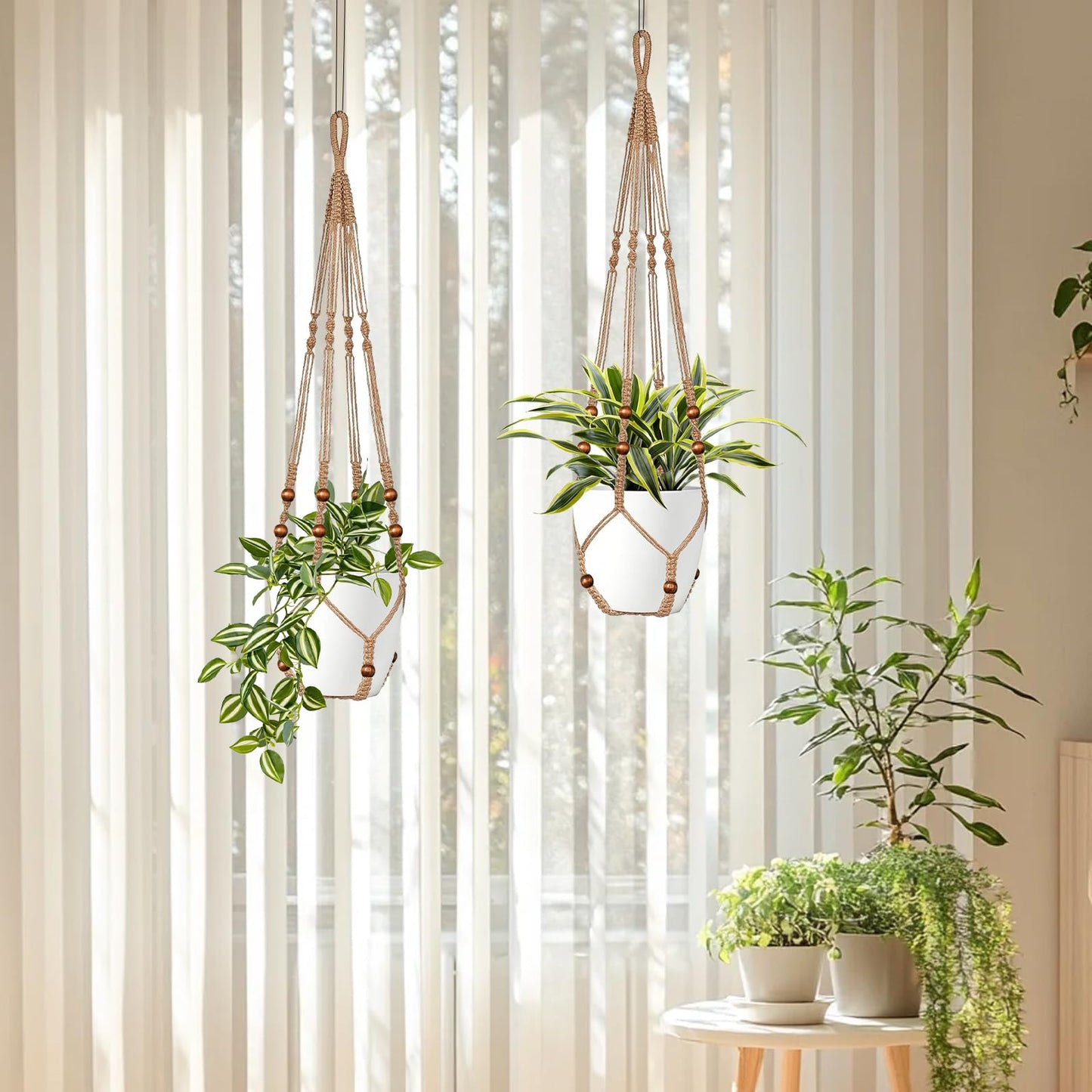 LEWESU Jute Macrame Plant Hanger Indoor Set of 4 Hanging Planter Basket Flower Pot Holder with Decorative Wood Beads & No Tassels for Indoor Outdoor Boho Home Decor, 35 Inch Brown (Pots Not Included)