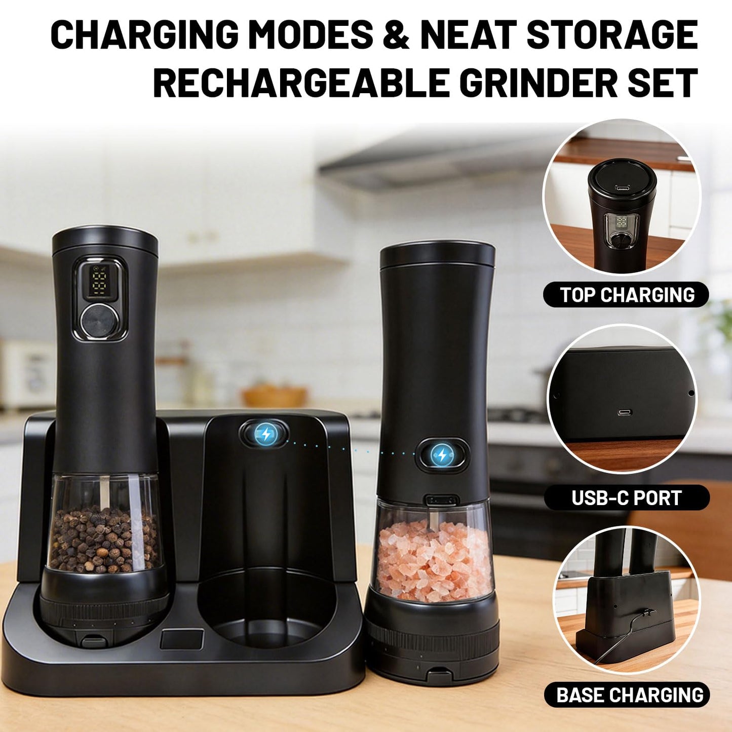 Sovtekr Electric Salt and Pepper Grinder Set, 5 External Coarseness Levels, Rechargeable with 2-in-1 Charging Base, LED Light, 110ml Large Capacity
