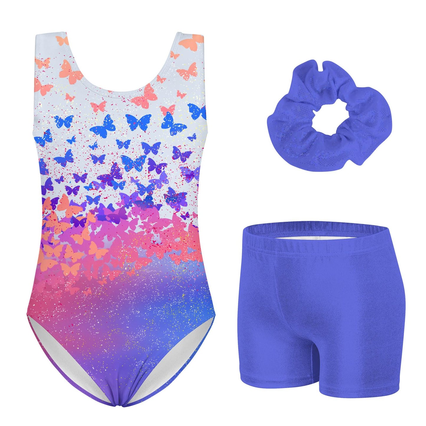TUONROAD Leotards for Girls Gymnastics with Matching Shorts Butter-fly's Ballet Dance Set Size 5 6 Kids Rose Blue Galaxy Athletic Leotards with Hair Scrunchie,4 5 Year Old
