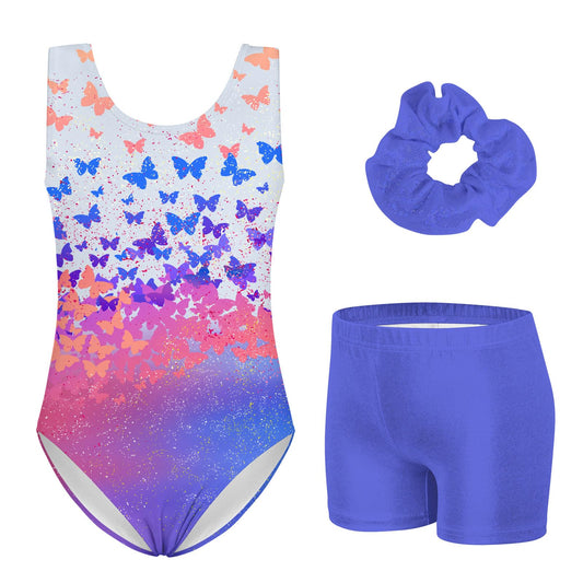 TUONROAD Leotards for Girls Gymnastics with Matching Shorts Butter-fly's Ballet Dance Set Size 5 6 Kids Rose Blue Galaxy Athletic Leotards with Hair Scrunchie,4 5 Year Old