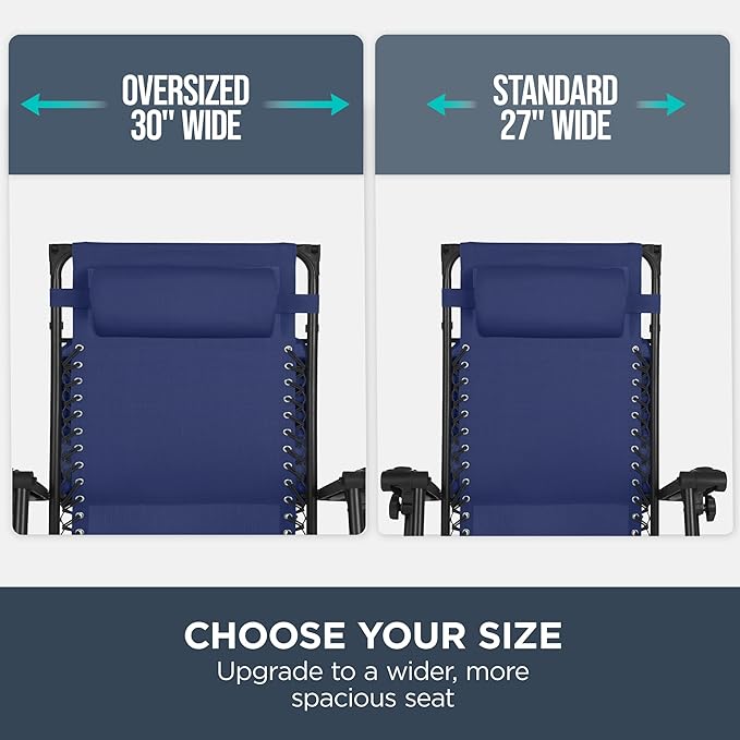 Best Choice Products 30” Wide Folding Zero Gravity Outdoor Recliner Patio Lounge Chair w/Adjustable Canopy Shade, Headrest, Side Accessory Tray - Navy Blue