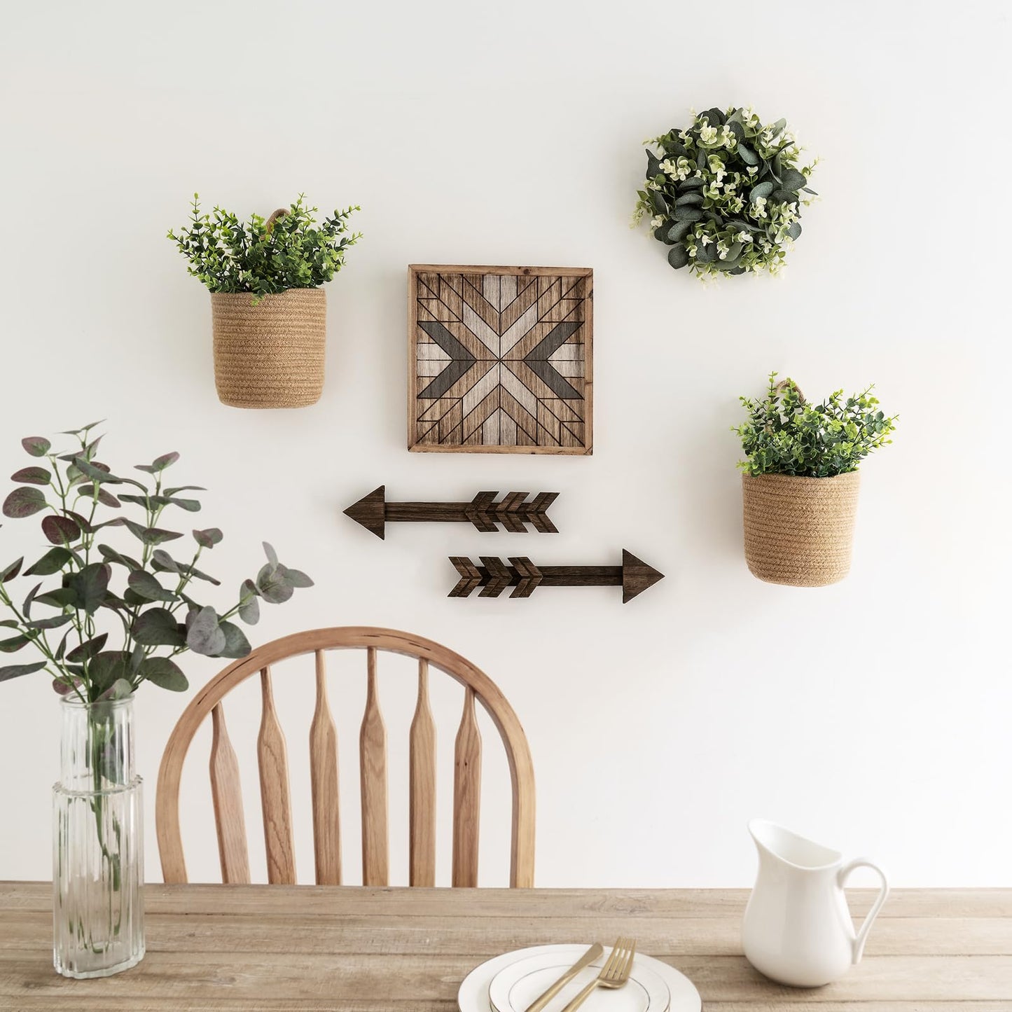 Dahey 2 Pack Wall Hanging Rope Basket (6.5"W×7"H) with Artificial Eucalyptus, Jute Woven Storage Organizer Flower Plants Basket Farmhouse Rustic Wall Decor for Porch Living Room Bedroom Entryway,Brown
