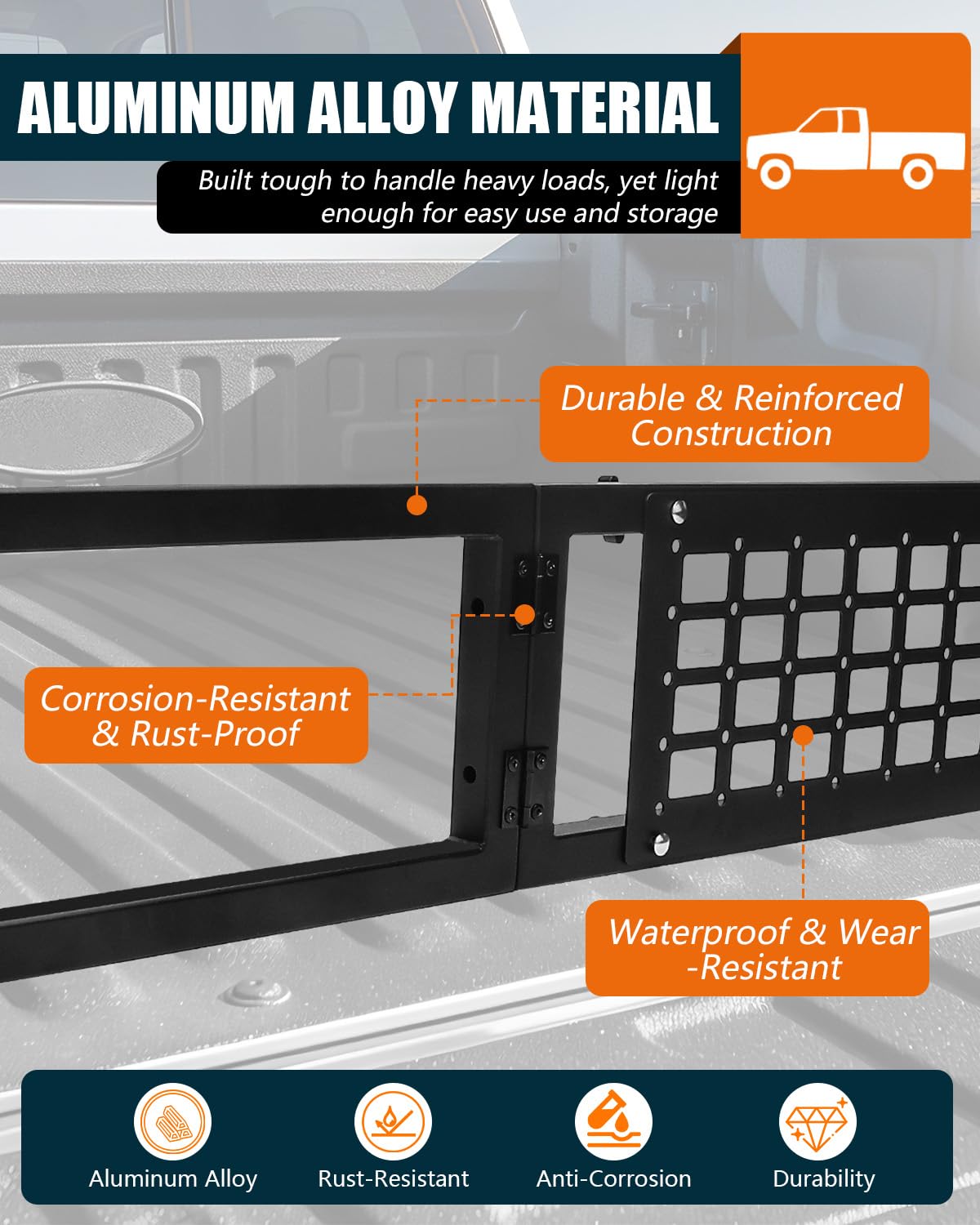 NORTHYUN Adjustable Truck Bed Divider 47–67 in, Foldable Aluminum Cargo Organizer with MOLLE Panel No-Drill Installation Fits Most Pickup Beds