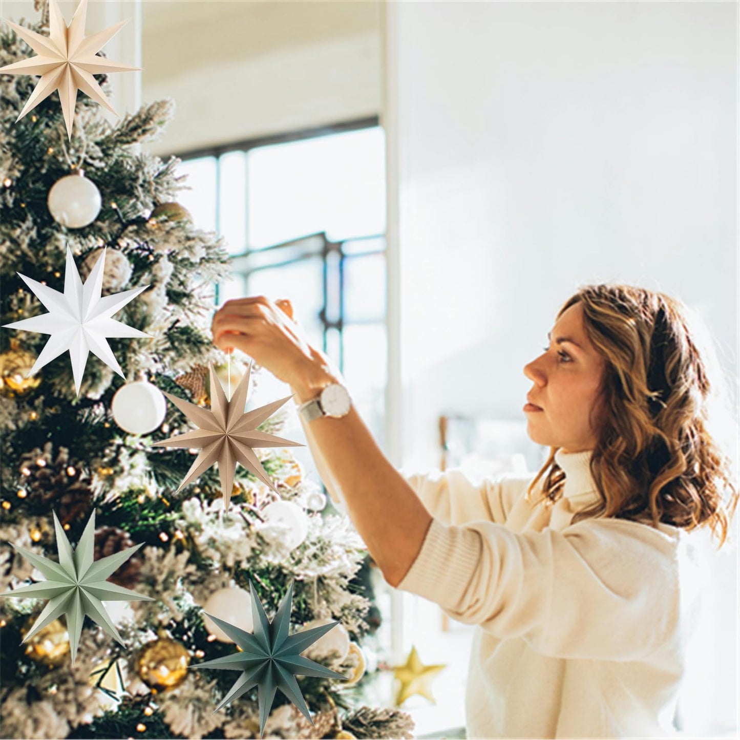 5Pcs Sage Green Paper Star 12 Inch 9-Pointed Hanging Star Lanterns for Christmas Wedding Birthday Home Winter Party Decortion