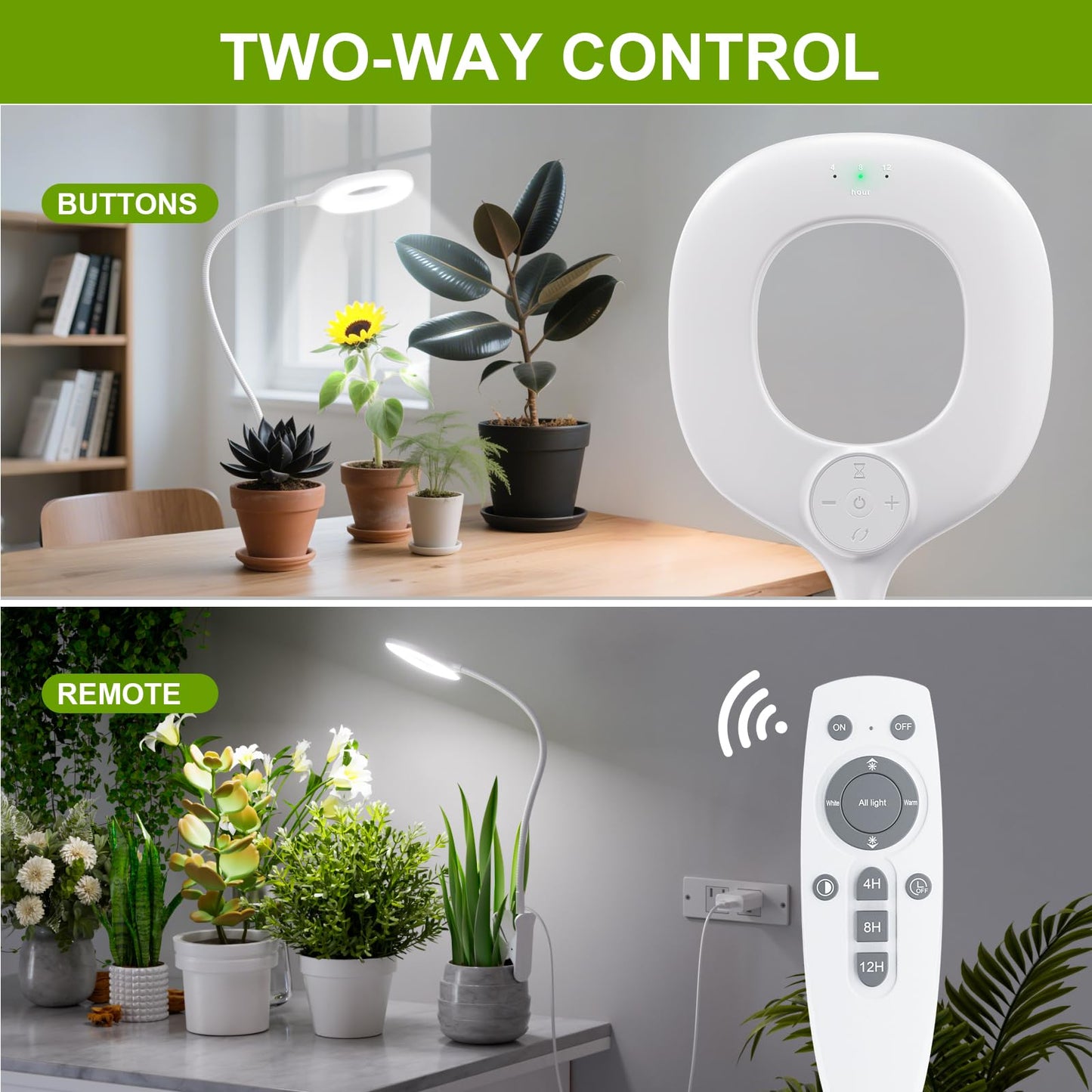 POBOMVOM Full Spectrum Grow Lights for Indoor Plants, Clip On Plant Lights for Indoor Growing with 4/8/12H Timer, 3 Light Modes, 10 Dimmable Levels, Adjustable Gooseneck, Remote Control