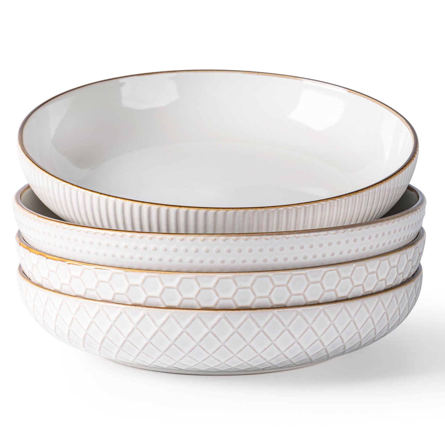 GBHOME 9.5'' Large Pasta Bowls, 42 Ounce Stoneware Salad Bowls for Kitchen, Ceramic Serving Bowls With Textured Pattern for Pasta,Fruit, Stews,Noodle, House-warming Gift,Set of 4-Off White