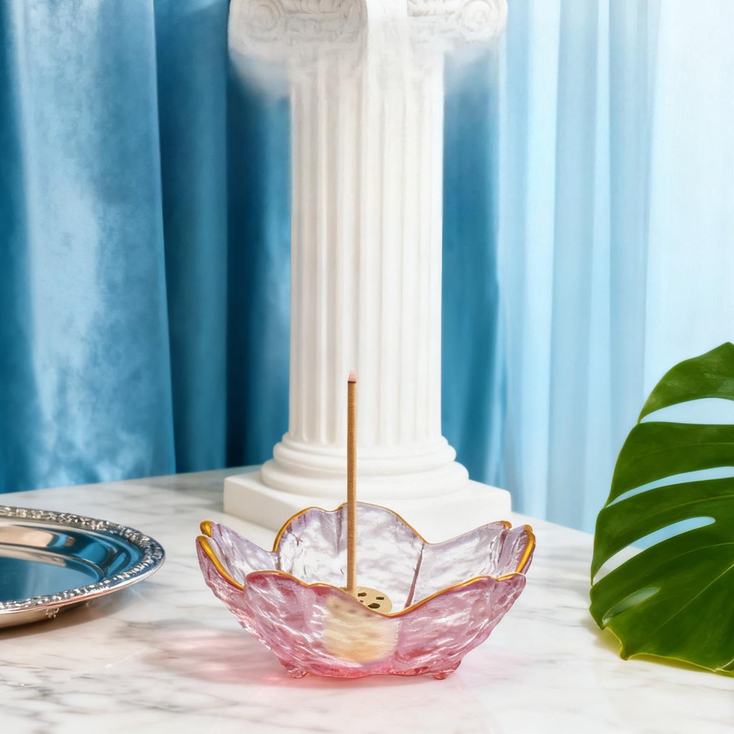 2 Set Handmade Glass Cherry Blossom Backflow and Stick Incense Holder with 9 Holes & Ash Catcher for Meditation, Yoga, Home & SPA Decor (2PCS - with Gilt-Edged)