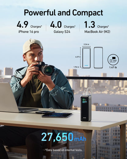 Anker Prime Power Bank, 27,650mAh 3-Port 250W Portable Charger for Travel, TSA-Approved, Smart App, for MacBook Pro/Air, iPhone 16/15/14 Series, Samsung, Laptops, and More (Charging Base Not Included)