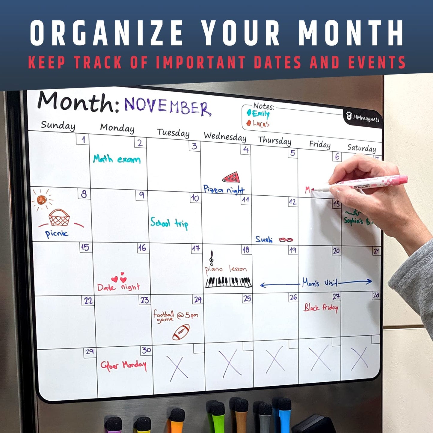 Large Dry-Erase Magnetic Monthly Calendar + Free Bonus: 3 Grocery/to-Do List Whiteboards (Organizer/Planner) for Kitchen Fridge - Full Set: 8 Markers + Eraser | Stain Free | Horizontal