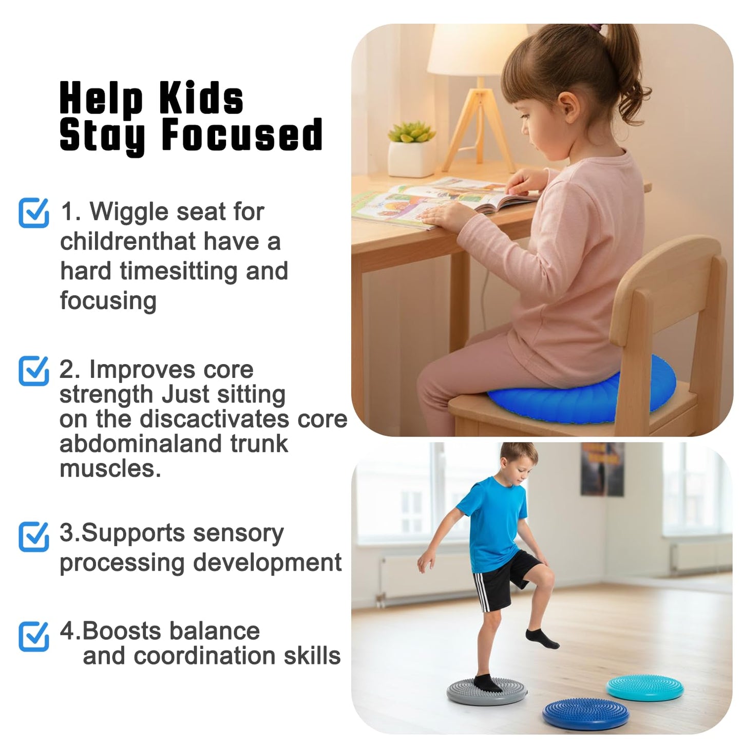 Hanstuten Wobble Cushion Core Balance Disc, Wiggle Seat for Sensory Kids to Stay Focused, Non-slip Balance Pads with Inflation Pump for Physical Therapy & Core Strength (1Blue)