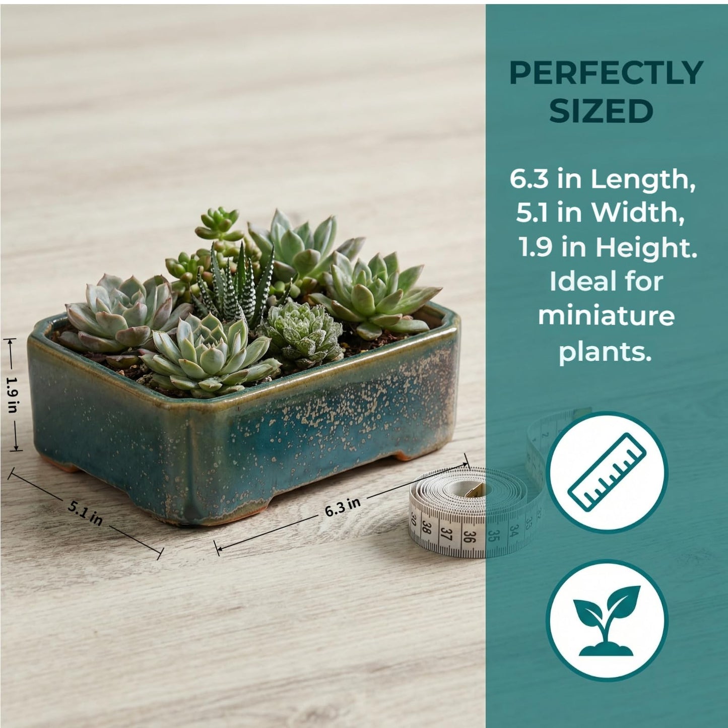 krayce Serenya Ceramic Bonsai Pot Set - 6.3" Rectangular Planter with Drainage Tray, Handmade Kiln-Glazed, Indoor/Outdoor for Succulents, Herbs, Bonsai | Unique Gift for Plant Lovers