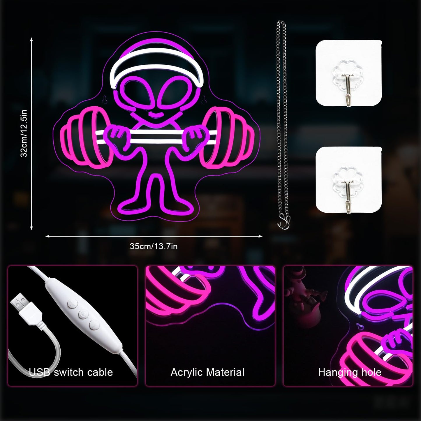 LUCUNSTAR Alien Neon Sign Dumbbell Gym Led Wall Decor LED Alien Light Shop Bar Man Cave Teen Room Game Room Decor Hip Hop Party Neon Signs Wall Decor Party Bedroom