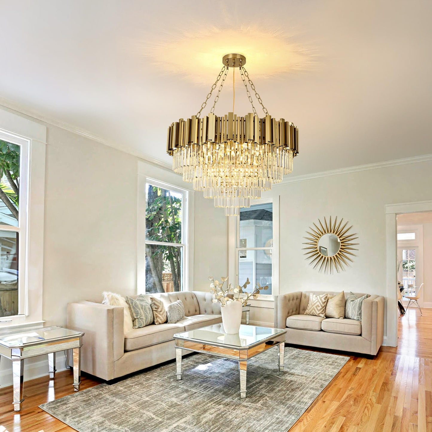 AOOCHOK Modern Crystal Chandelier Gold Pendant Light Fixtures, Round Crystal Pendant Lighting for Living Room, Dining Room, Bedroom, Restaurant, E12 x 12, Φ30inch
