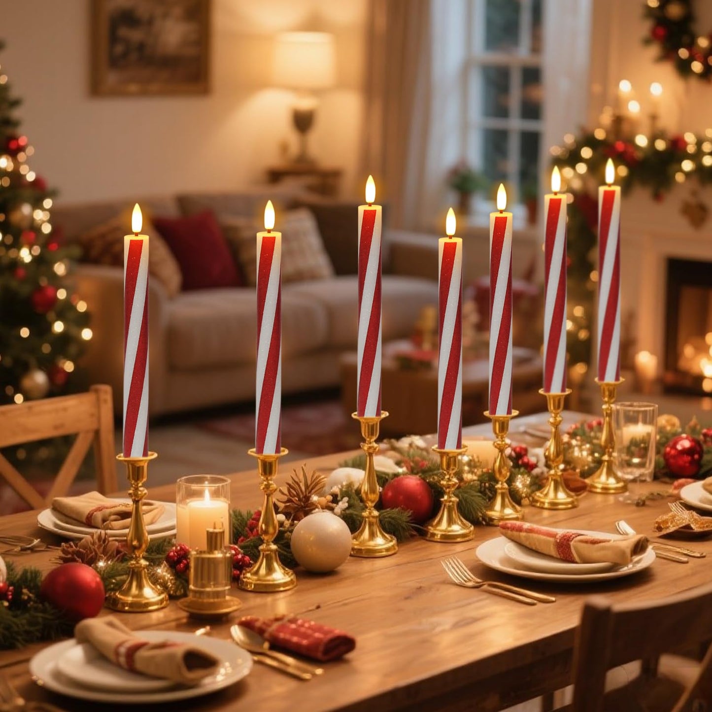 DRomance Christmas Flameless Taper Candles Flickering Battery Operated with Remote Timer, 2 Pack Real Wax 3D Wick LED Taper Candles Candy Cane Decals Holiday Indoor Dinner Decor(0.76" D x 9.65" H)