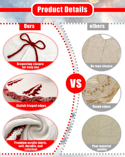 Christmas Tree Skirt, Christmas Decorations, 48 Inch Knitting Retro Xmas Tree Skirt Décor Skirt for 6/7 ft Trees (White with Red)