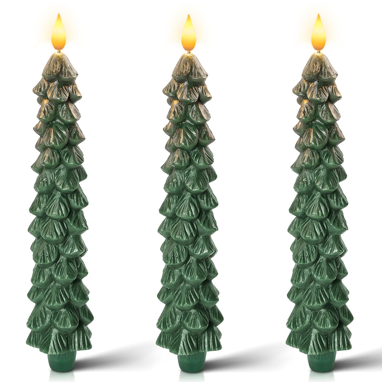 Homemory 3 PCS Flameless Taper Candles with 6-Hours Timer, 9.7 Inches Christmas Tree Candlesticks, Real Wax Battery Operated Window Candles with 3D Flickering Flame for Fireplace Christmas