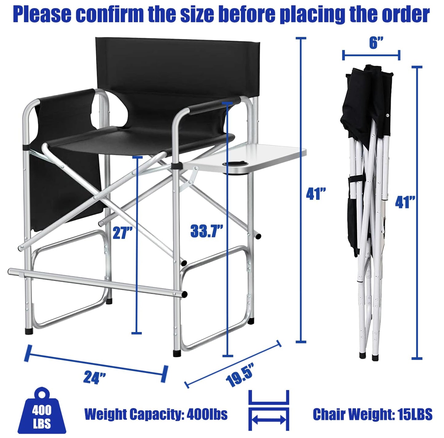 BRLJUNEO Makeup Artist Chair, 41'' Foldable Tall Directors Chairs w/Side Table Cup Holder Storage Bag and Footrest, Portable Makeup Chair, 400LBS Load Capacity, Black