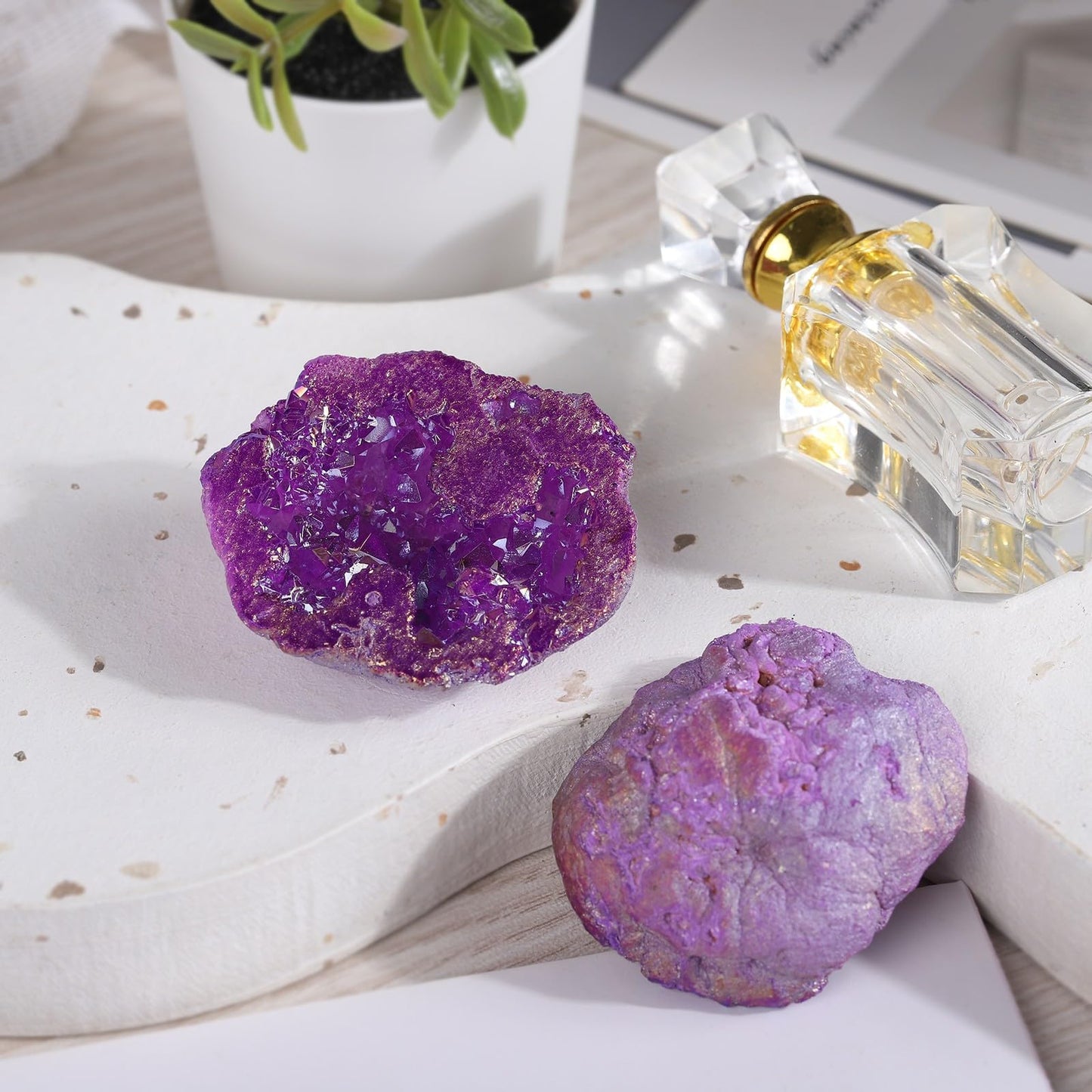 moonsix Pack of 2 Angel Aura Quartz Geode Crystals for Reiki Healing, Titanium Coated Irregular Specimen for Home Office Decor, Purple