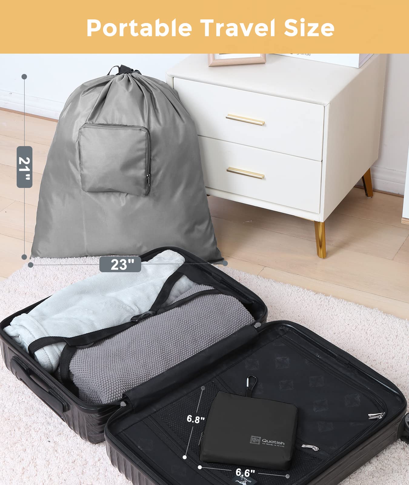Travel Laundry bags, 2 Pack Dirty Laundry Travel Bag, Foldable Dirty Clothes Bag for Traveling, Washable and Small Laundry Bag with Handles for Suitcase, Gym, Camping, Black+Grey