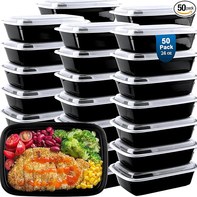 50 Pack Meal Prep Containers 24 oz, Leakproof Plastic Food Storage Containers