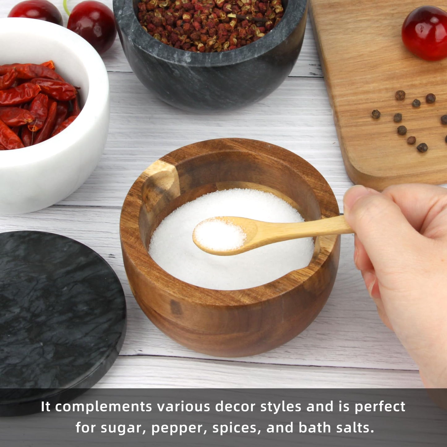 HESHIBI Salt Cellar Box with Lid & Spoon, Modern White Stone Salt or Pepper Sugar Spice Seasoning Bowl Container Jar Holder Well Keeper Dish Pig Crock for Kitchen (Marble Lid Set)