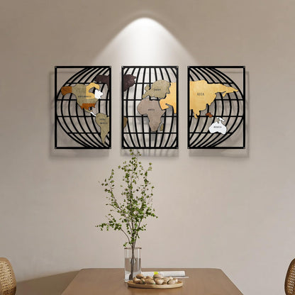 FIXNEO Metal Wall Art 3 Piece World Map Wall Art for Living Room Modern Globe Pictures Design Decor for Living Room Home Bathroom Office (World Map, 31.8"*15.74")