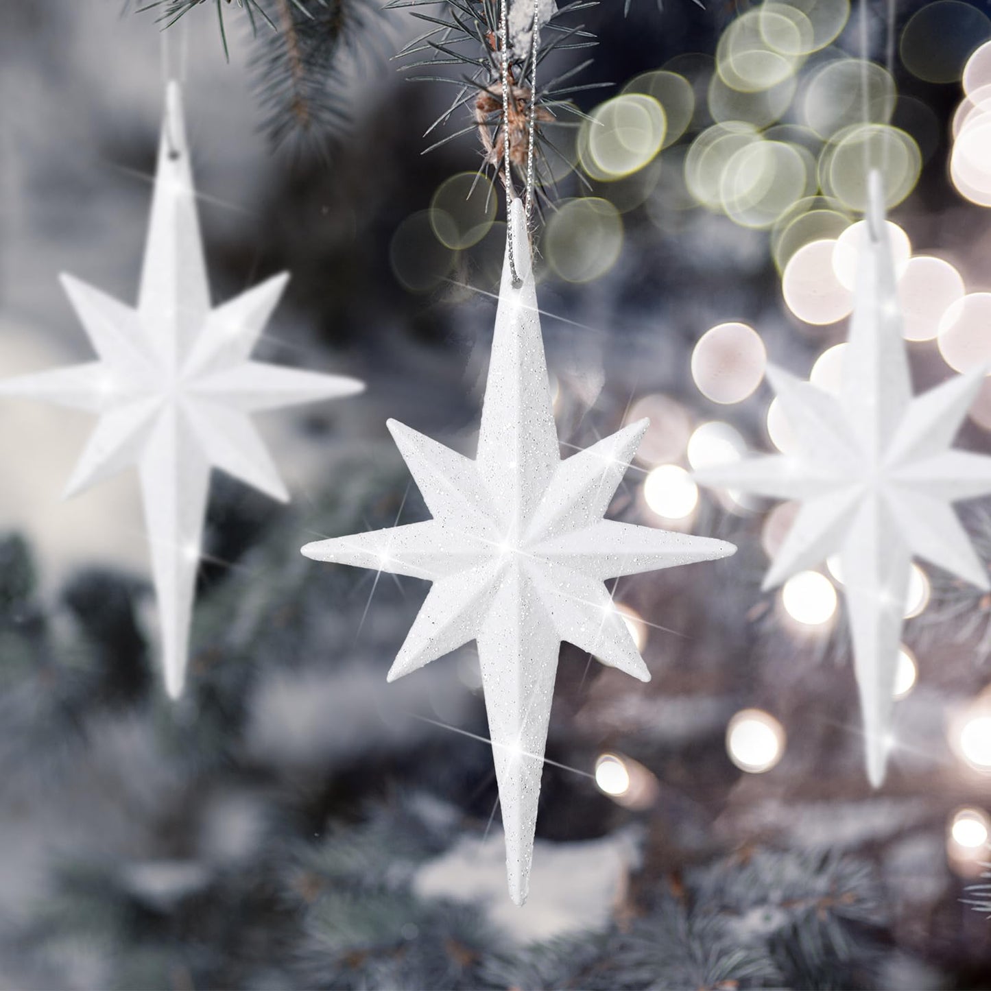 Quzzil 12 Pcs Christmas Bethlehem Star White Ornament 4.72 x 2.95 Inch Star of Bethlehem Christmas Tree Topper Glitter Ornament Plastic Nativity Stars Hanging Decor Accessories