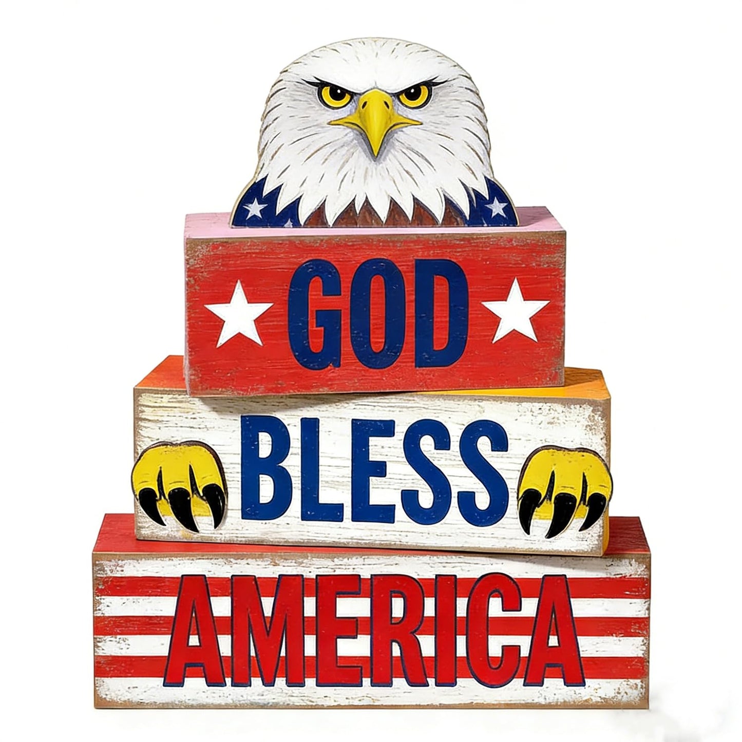 4th of July Table Decorations Patriotic Memorial Day Tiered Tray Decor Wooden Eagle Block Signs Independence Farmhouse 250th July Fouth Centerpiece for Tables Wooden Sign for Home Decor