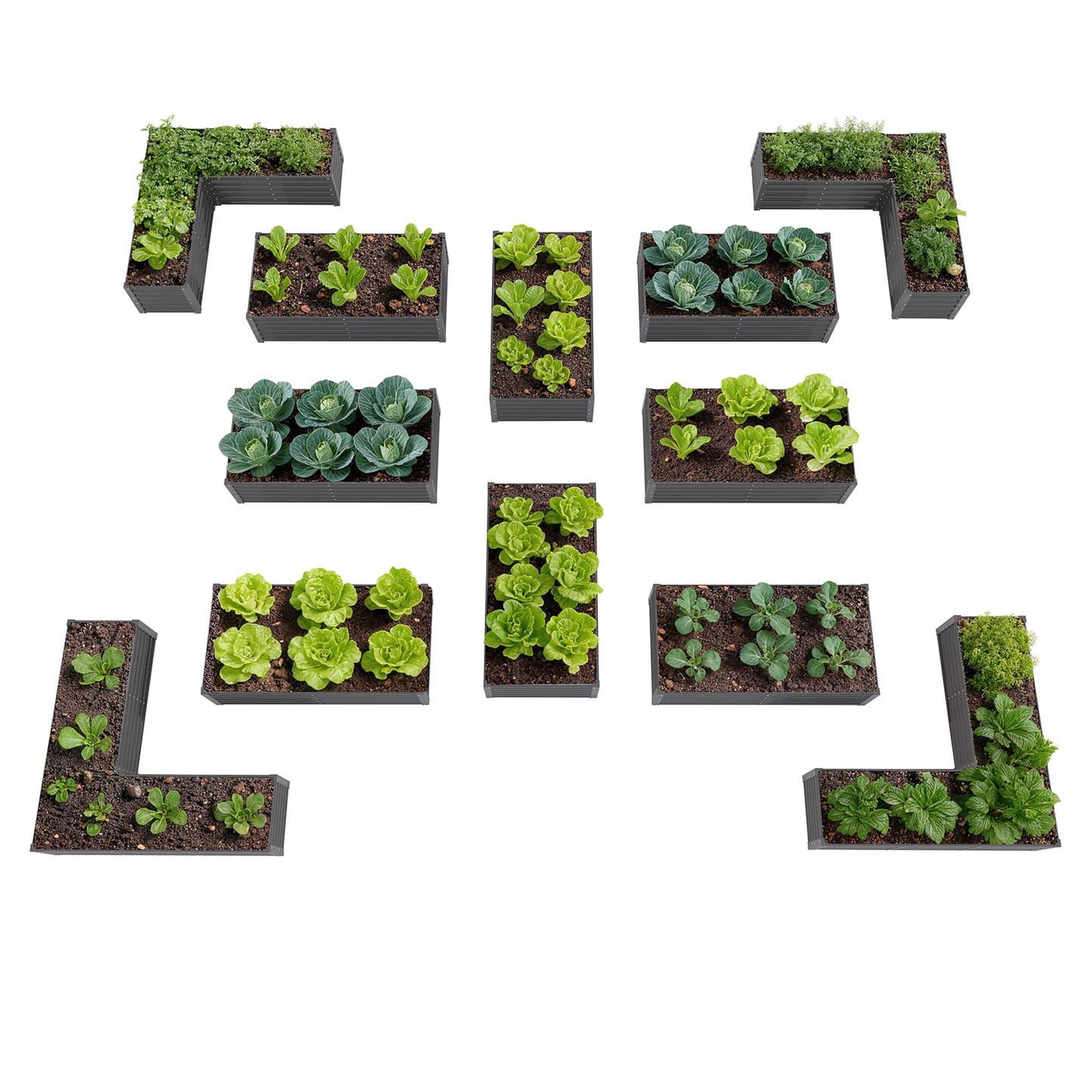 A ANLEOLIFE Set of 12 18 Inch Tall Raised Garden Beds Kit, Rectangular & L-Shaped Combo Metal Planters – Ideal for Backyard DIY Creative Layouts, Quartz Grey