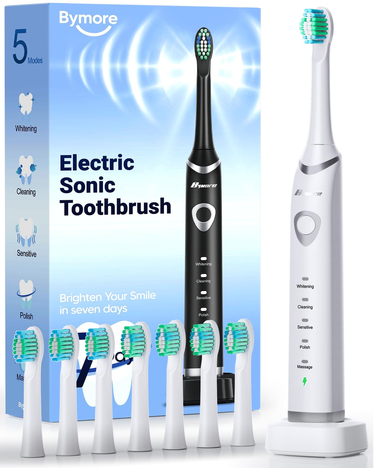Bymore Electric Toothbrush for Adults,Travel Sonic Toothbrush with 8 Replacement Heads, Ultra Clean Rechargeable Toothbrush Portable One Charge for 330days 5 Modes 2mins Timer-Black