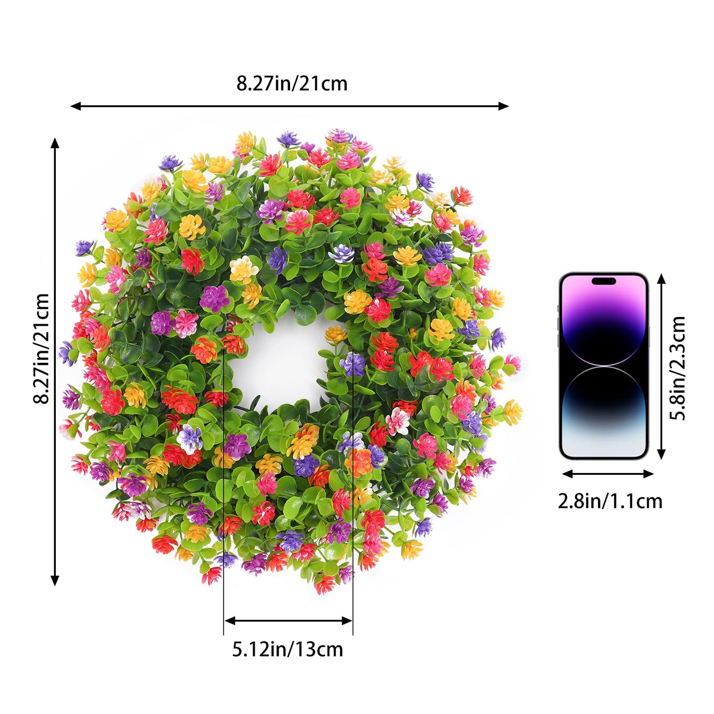 CEWOR 8in Spring Wreaths for Front Door Artificial Flower Wreath with Plastic Green Eucalyptus Leaves for Farmhouse Home Outdoor Decor