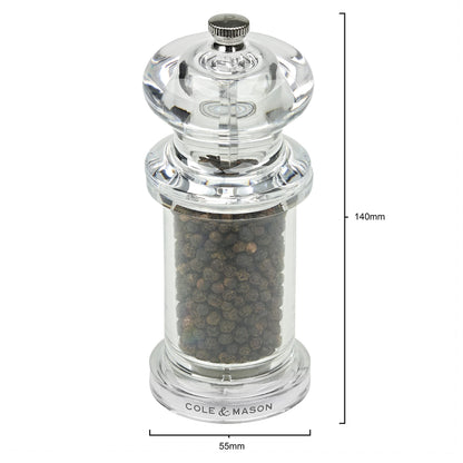 Cole & Mason 505 Clear Salt and Pepper Mills, Adjustable Grind Precision+ Mechanism, Acrylic, 140 mm, Gift Set, Includes 2 x Salt and Pepper Grinders