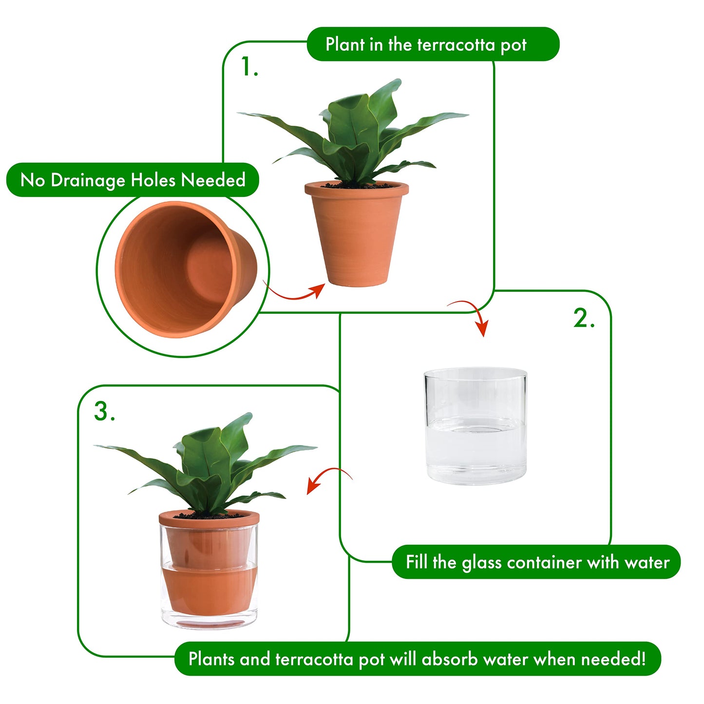 D'vine Dev 4 Inch Design Self Watering Pot for Indoor Plants, Terracotta Planter with Cylinder Glass Cup, Set of 2, 37-Y-A-1