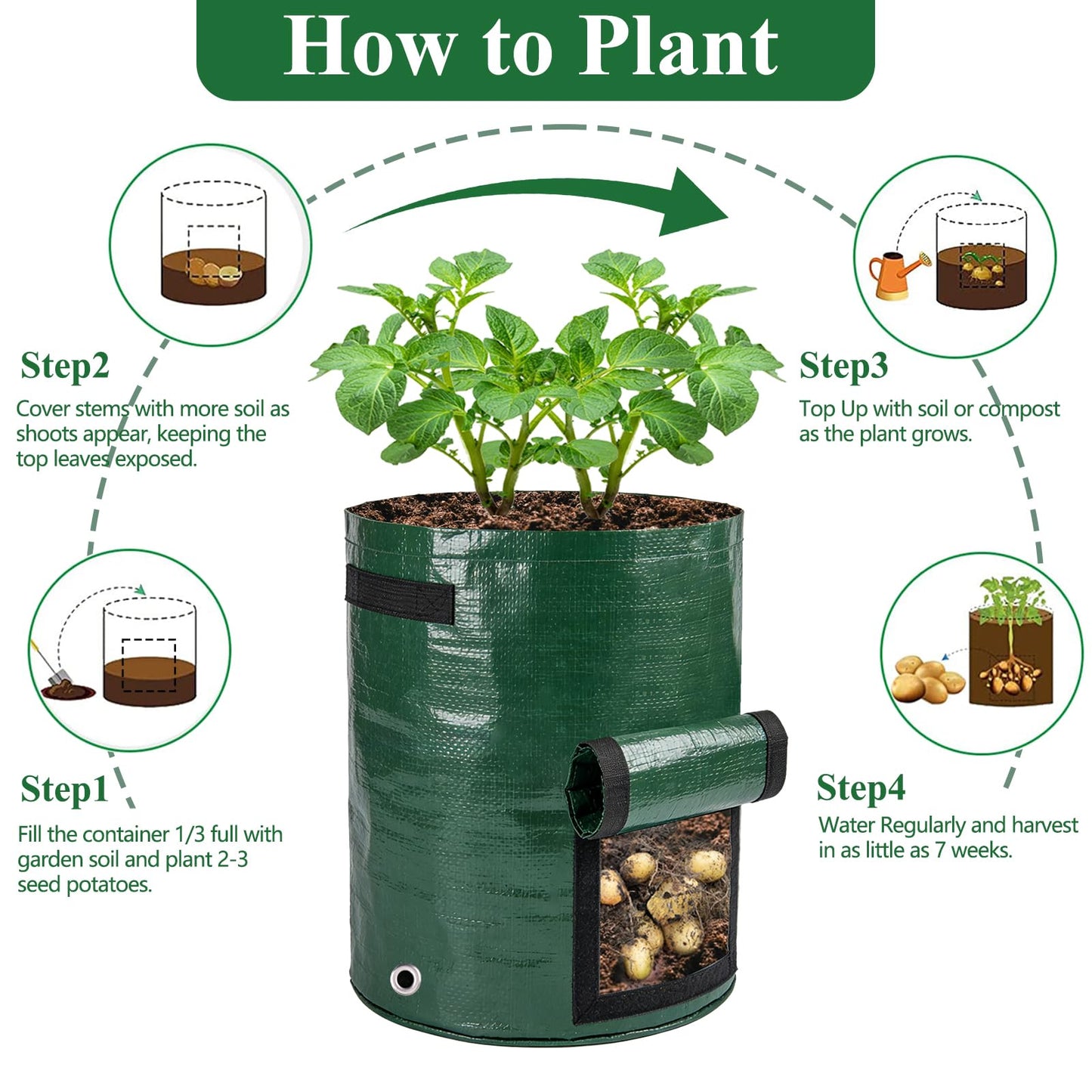 cyrico Potato Grow Bags, 10 Gallon 6 Pack Grow Bags for Potatoes with Flap Harvest Window and Handles, Sturdy PE Fabric Pots Potato Planter Garden Planting Bags for Onion Fruits Tomato Vegetables