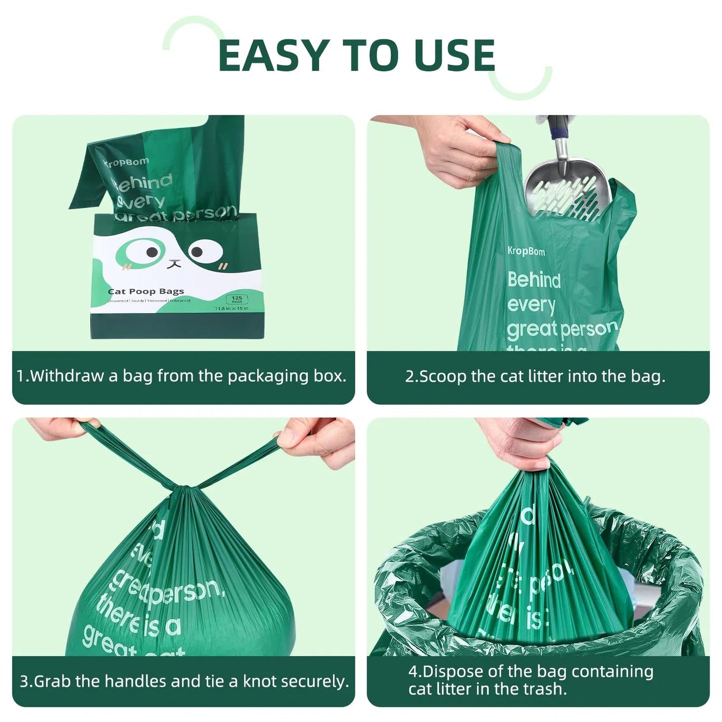 125 Count Cat Poop Bags with Handles, Disposable Litter Bags for Pet Poop, Extra-Thick Kitty Cat Waste Bags Easy Tie Leak-Proof Strengthen Unscented (Made of 70% Recycled Plastic)