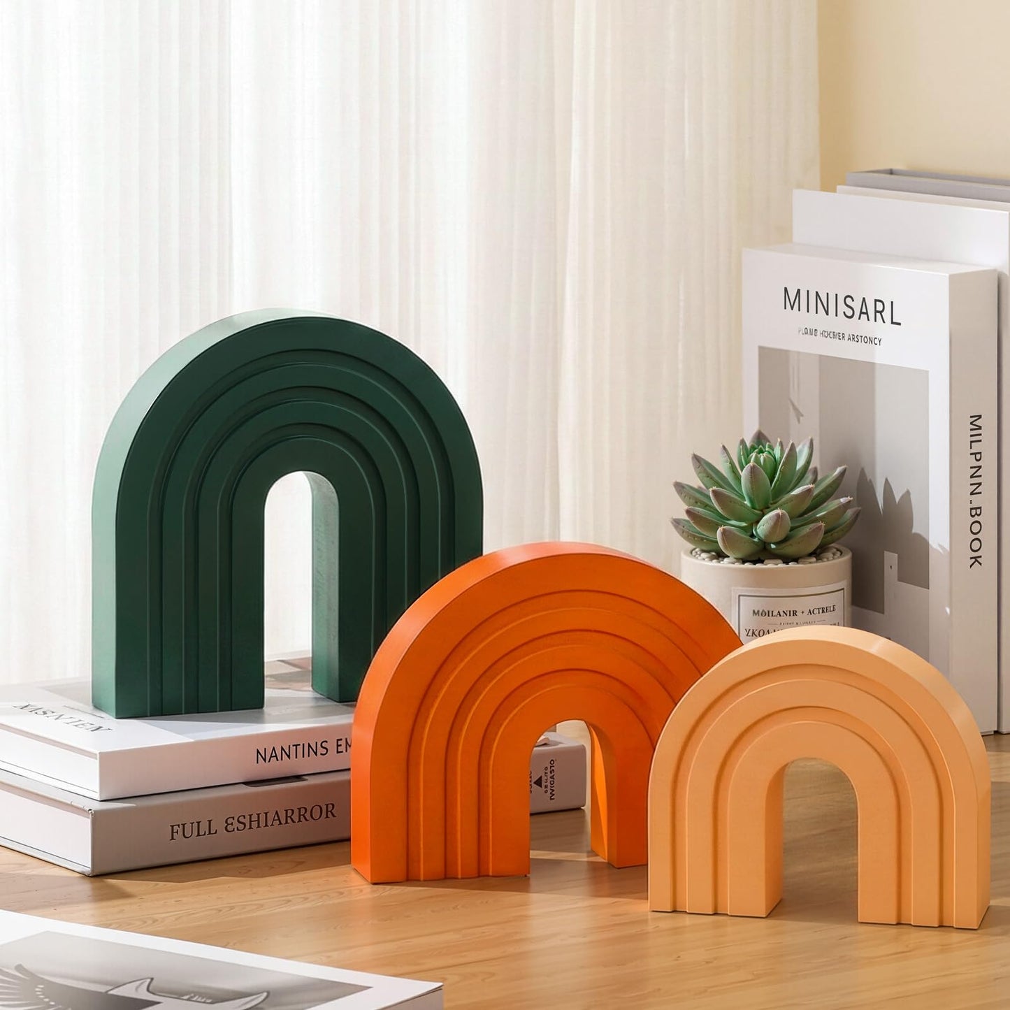 Set of 3 Boho Shelf Decoration Wooden Arch Decor Wood Rainbow Arch Mantel Book Ends for Table Living Room Office Nursery Home Aesthetic Decorations