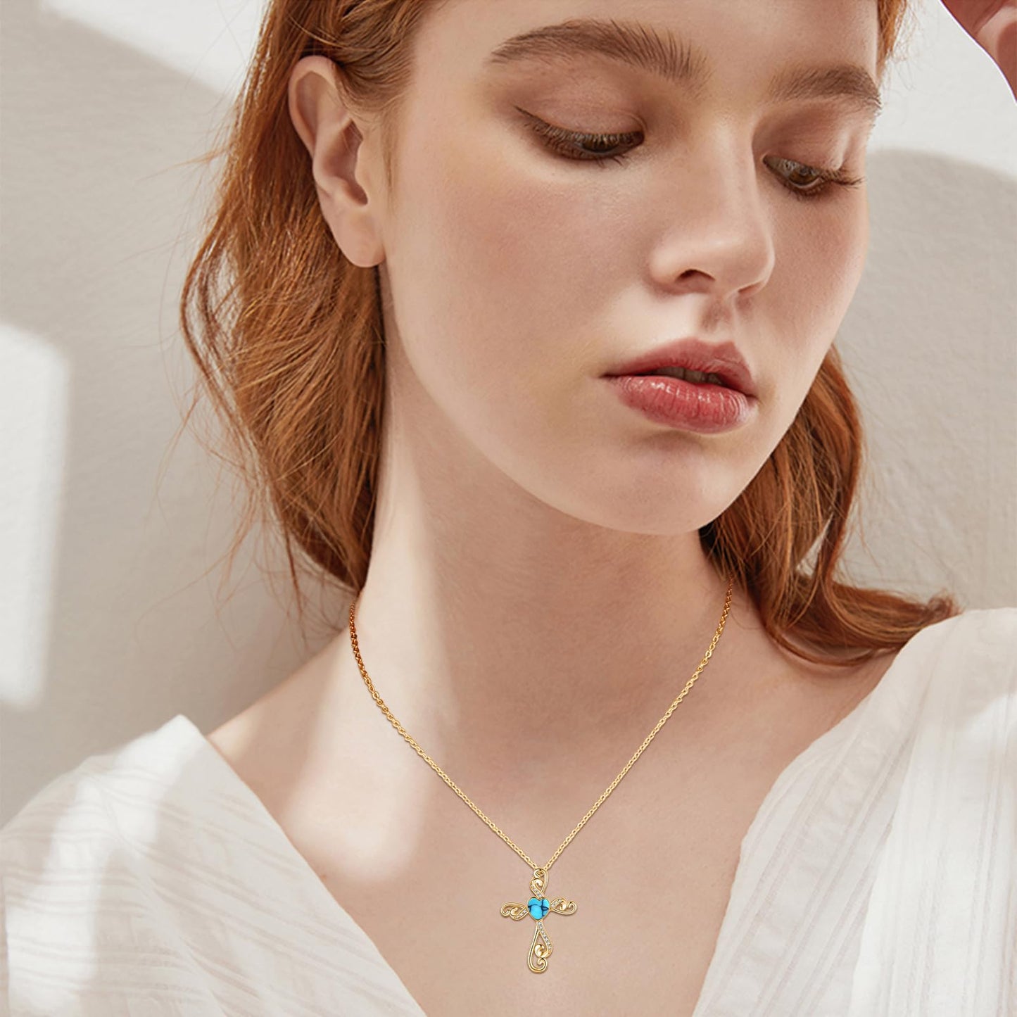 Twoowl 14K Gold Plated Cross Necklace 925 Sterling Silver Turquoise Christian Pendant Religious Catholic Jewelry Gifts for Mom Women