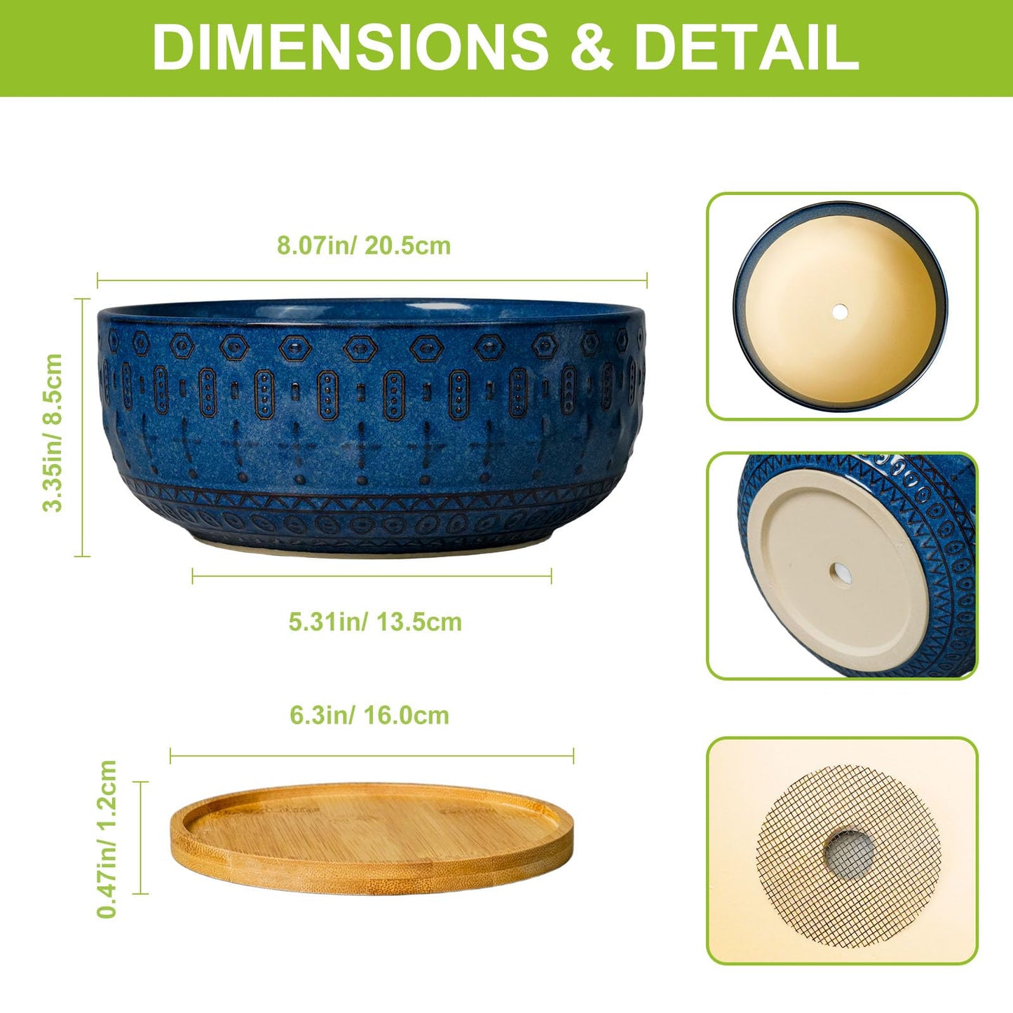 Fivepot Bonsai Pots - 8 Inch Ceramic Succulent Pots with Drainage Hole and Saucer, Planters for Indoor Plants, Modern Round Decorative Flower Planter, Home Decor, Housewarming Gifts, Blue