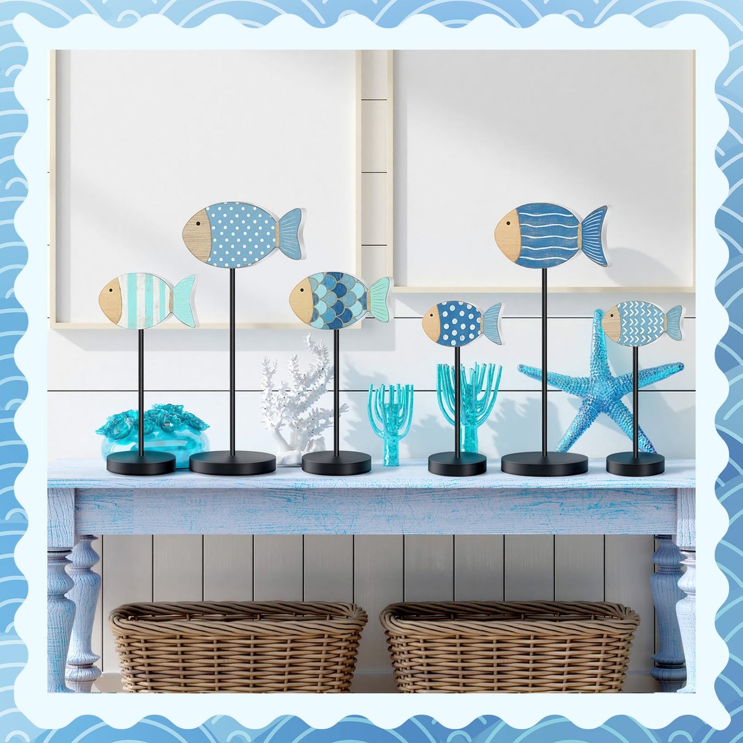 Geetery 6 Pcs Wooden Fish Table Decor Summer Ocean Tabletop Centerpiece Sea Animal Standing Sign Rustic Wood Fish Home Decor Coastal Beach Figurines Block for House Office (Cute Style)