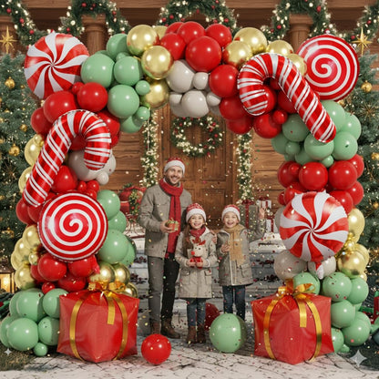 PTGOLUO 170Pcs Christmas Balloon Arch Garland Kit with Xmas Red Sage Green Gold White Sand Latex Balloons Gift Box Candy Cane Foil Balloons Arch Kit for Christmas New Year Party Party Decorations