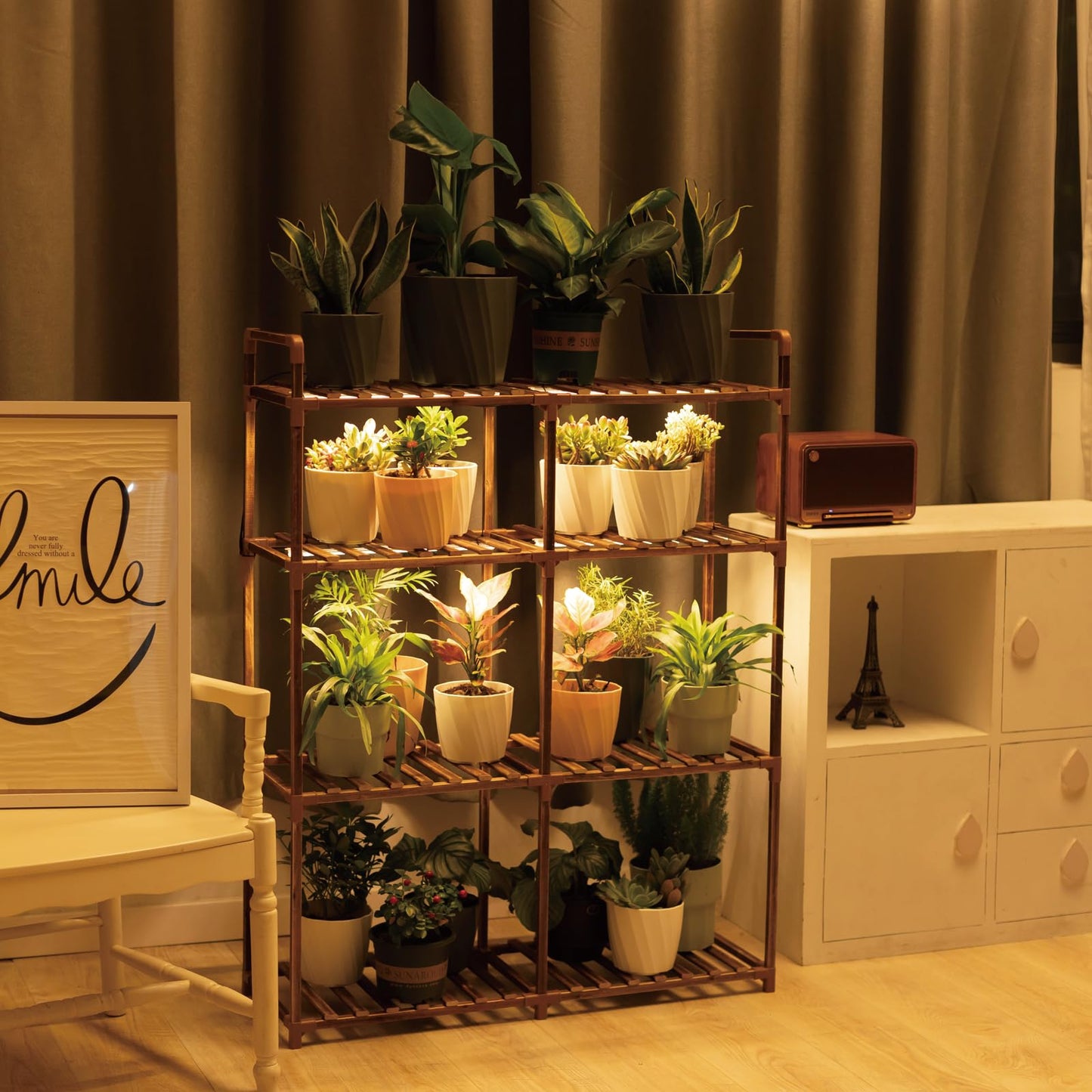 UYEENGY 4-Tier Wooden Plant Stand with LED Grow Lights - Adjustable Shelf for Indoor Plants, Living Room, Balcony - Dimmable & Space-Saving (Plants Not Included)